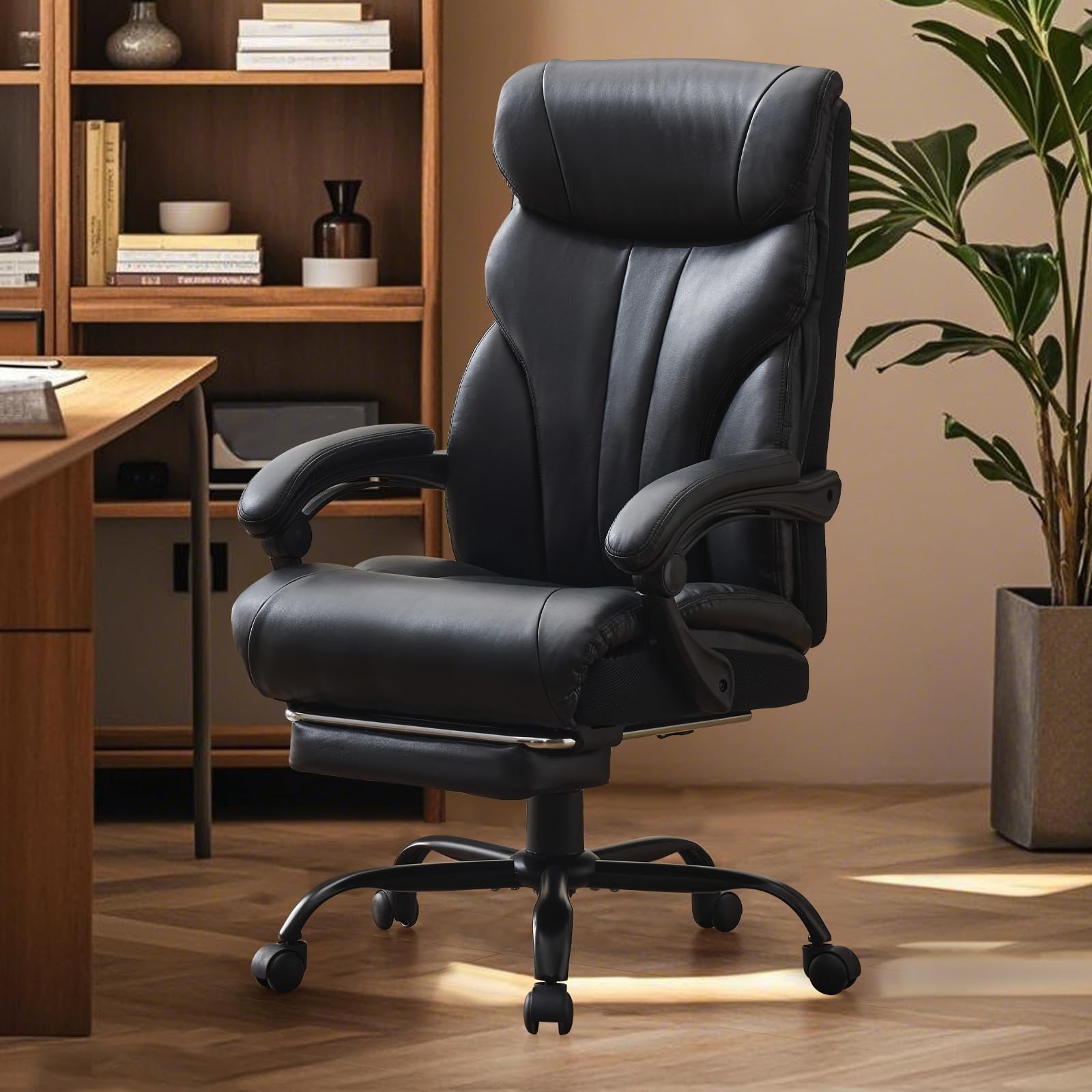 Big and Tall Leather Computer Chair, Flip-up Arms, 500lb, 360 Wheels, Recline