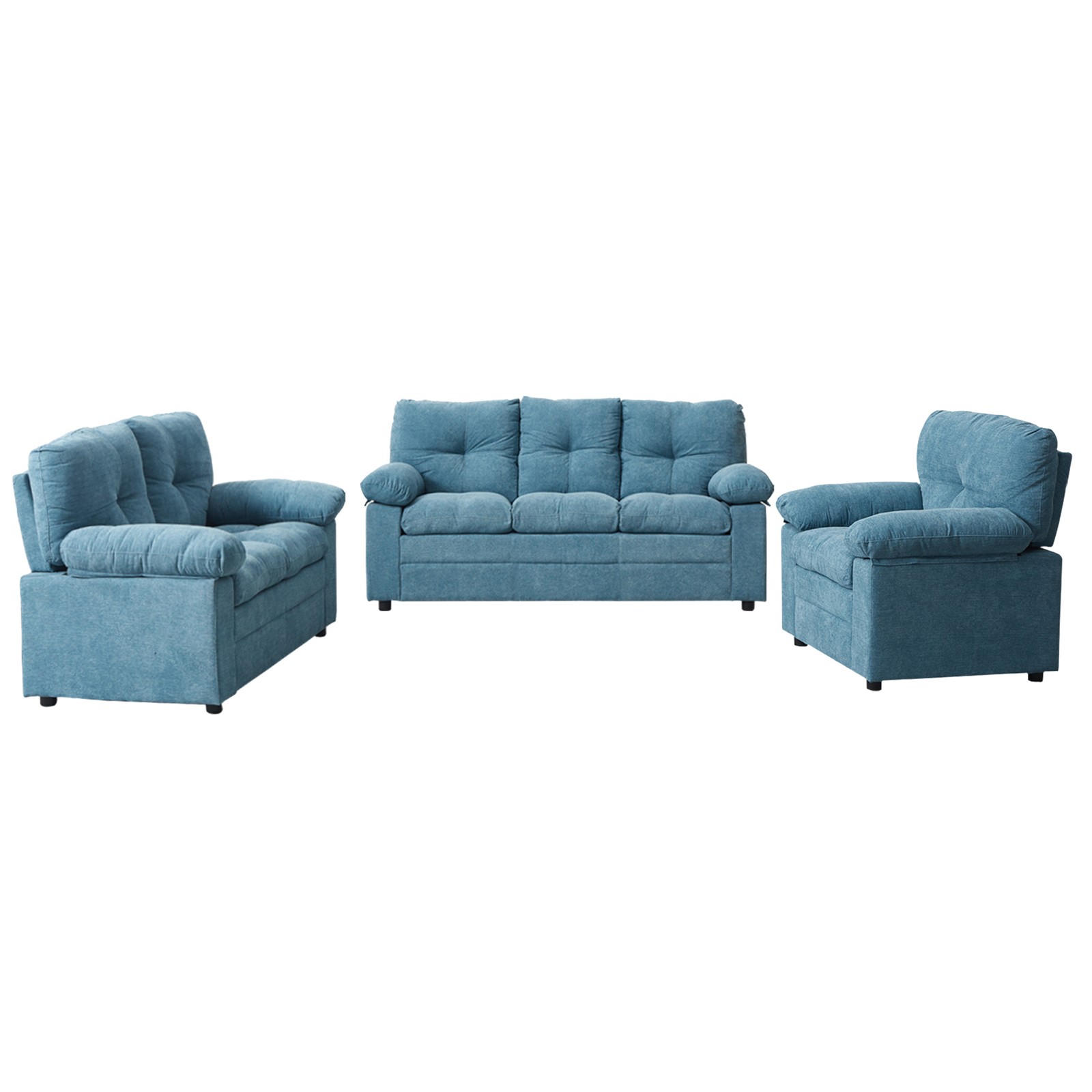 Hybiton Modern 3 Piece Sofa Set Linen Recliner Chair & Loveseat & Sofa – Blue