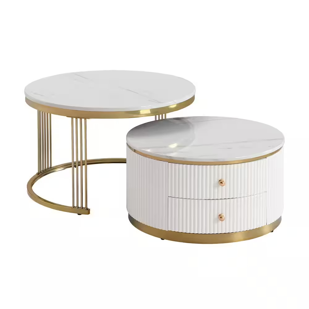 Modern 27.6 In. White and Gold Wood Nesting End Table Coffee Table with Drawers