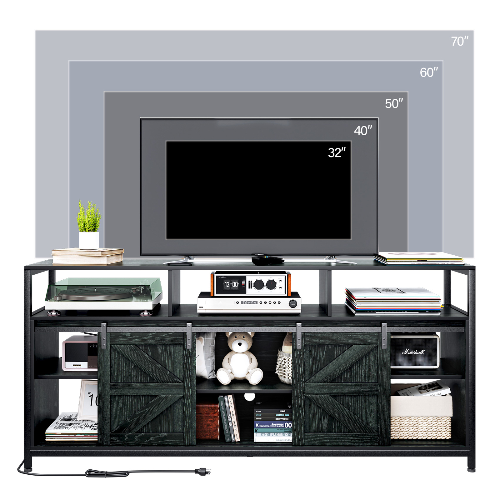 TV Stand Wood with RGB LED & Power Ports 70″ TV Cabinet Entertainment Center