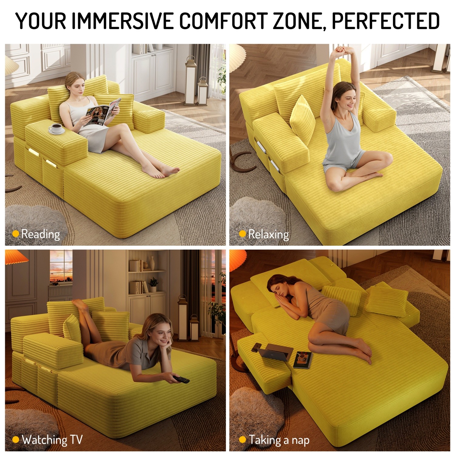Modern Plush Corduroy Sofa Bed Chaise Lounge No Assembly Required with 3 Pillows