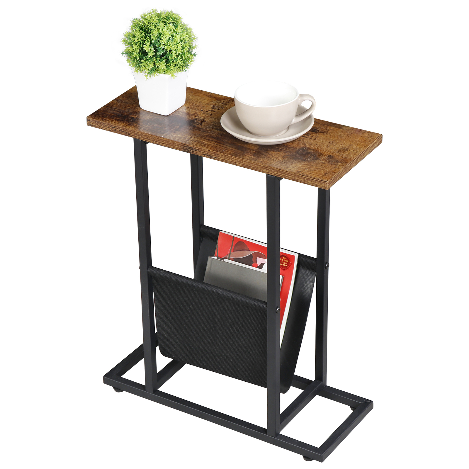 Mini Freestanding Bedroom Sidetable MDF Metal Frame Compact Home Rack, Brown