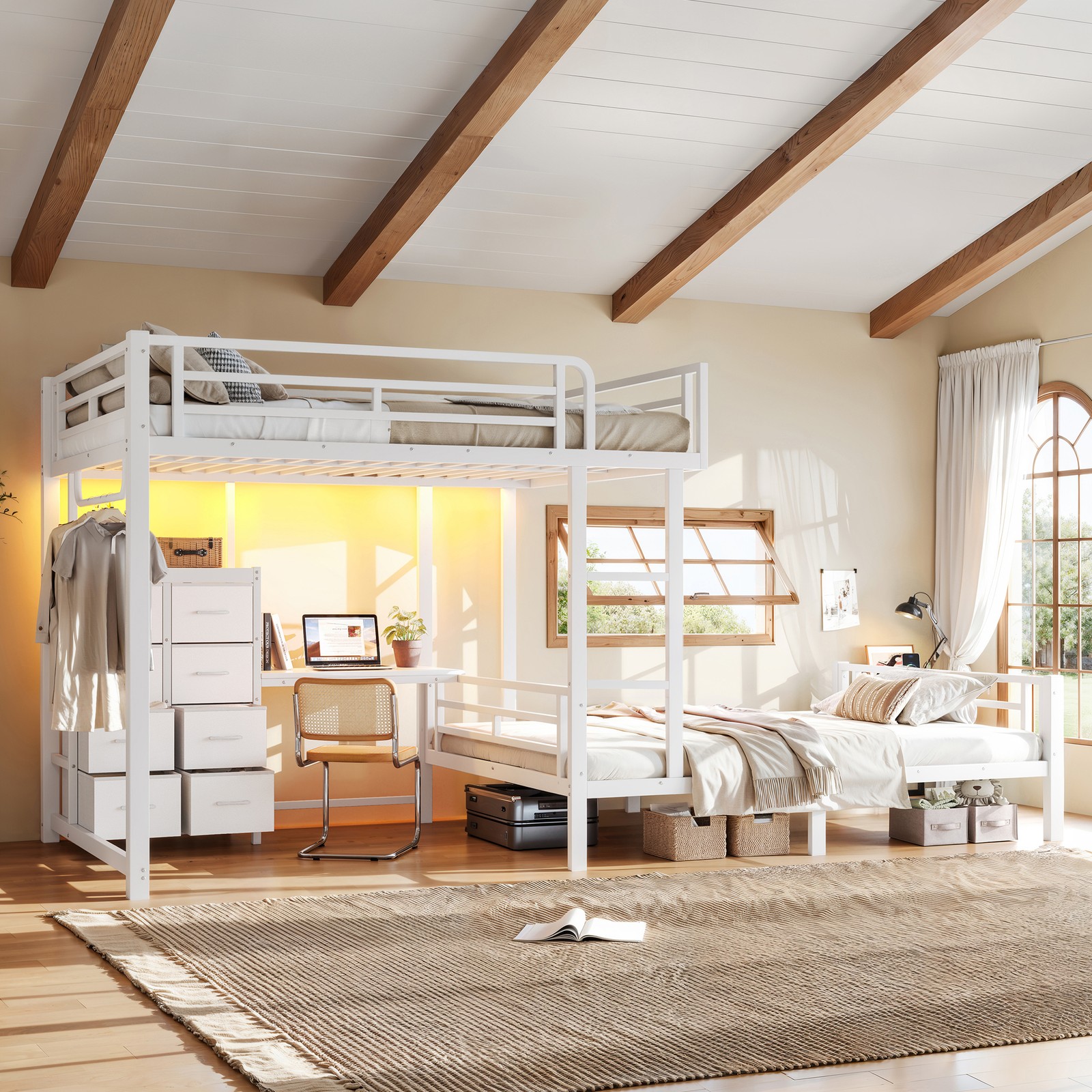 Full Over Full L-Shaped Bunk Bed with Desk, Drawers & Shelves, White