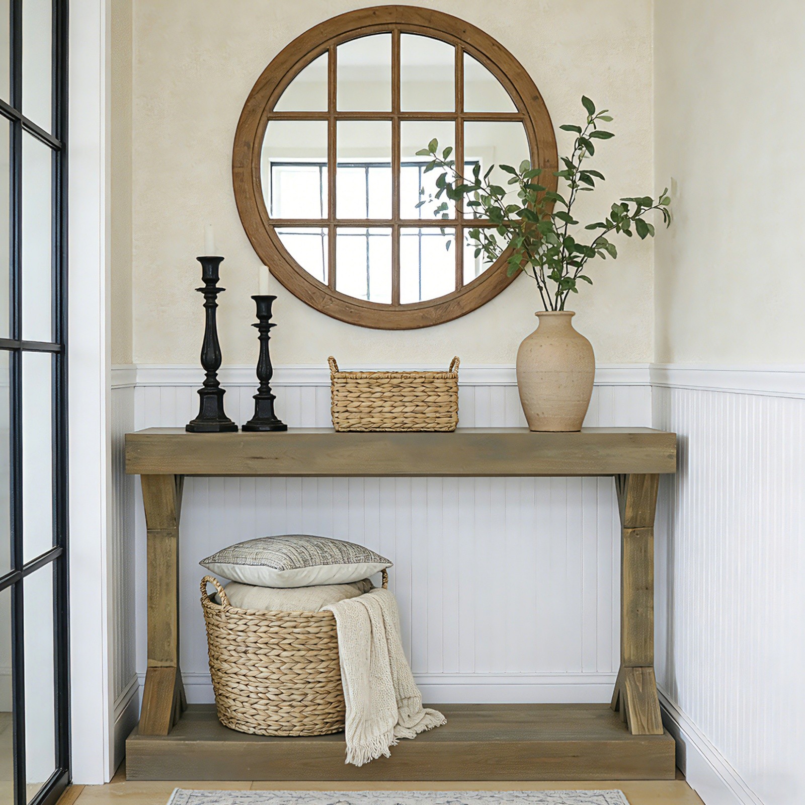 Long Solid Wood Console Table Rustic Farmhouse Entryway Sofa Table with Shelf