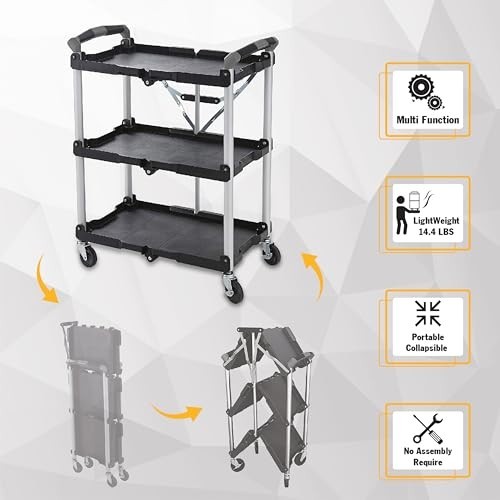 Olympia Tools 85-188 Folding Service Cart 3-Shelf Collapsible 150Lb Black 26In