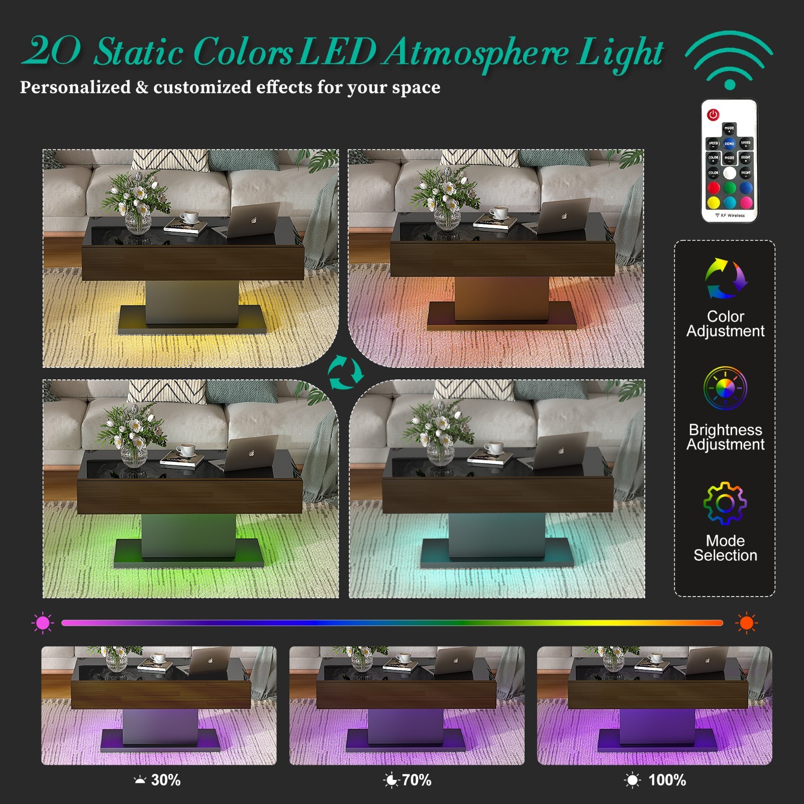 Coffee Table with LED Light, High-Gloss Black With Drawer Living Room Furniture