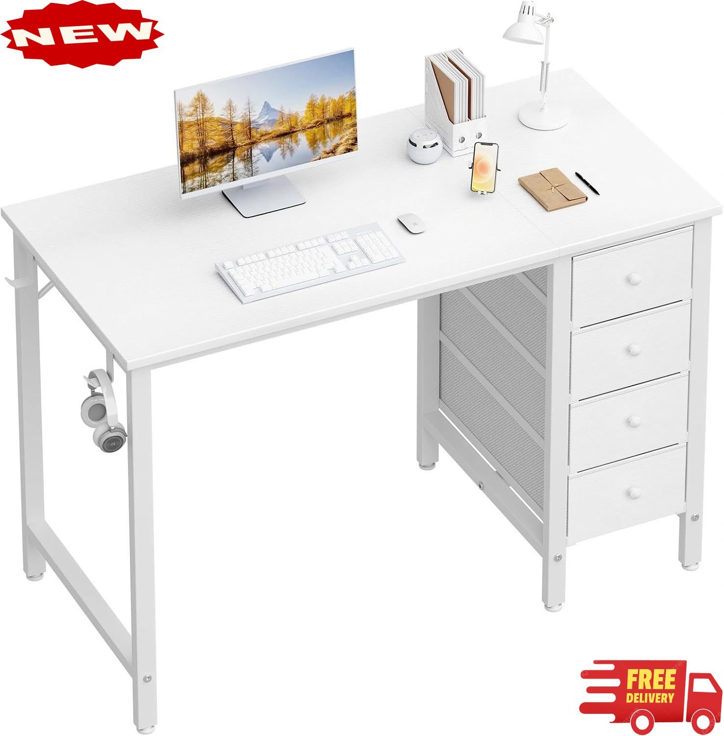 Escritorio pequeño blanco con cajones para dormitorio, escritorio de estudio de