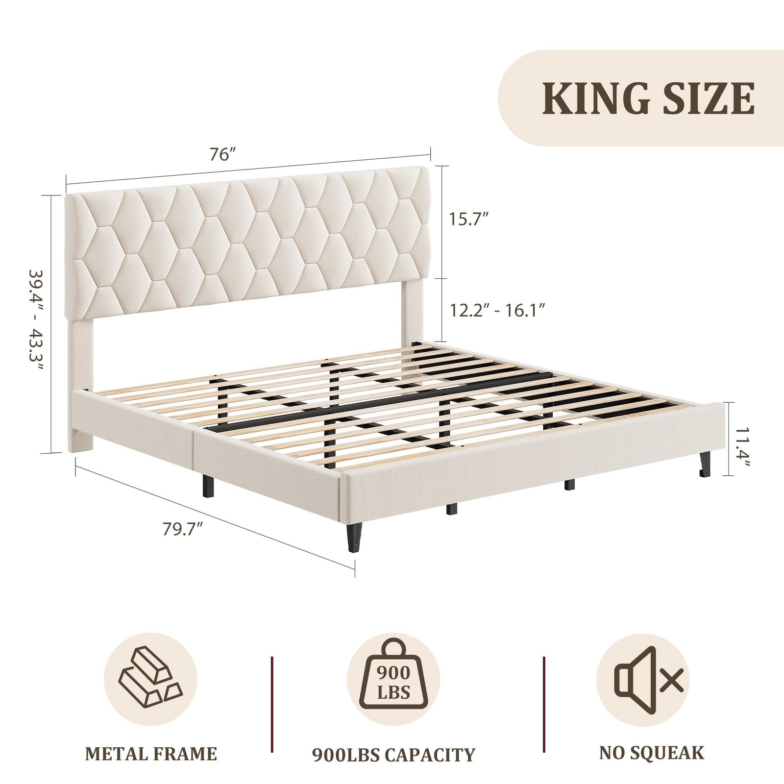 King Size Bed Frame with Adjustable Headboard ,Modern Upholstered Platform Bed