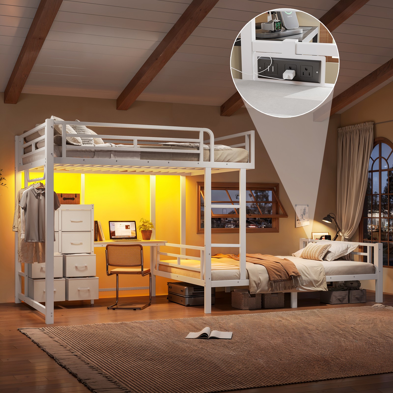 Full Over Full L-Shaped Bunk Bed with Desk, Drawers & Shelves, White