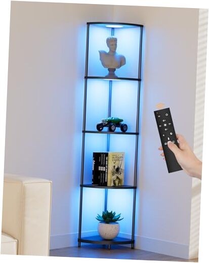Corner Shelf with RGBCW LED Light, 64.5” Tall Floor Lamp Narrow Bookshelf Black