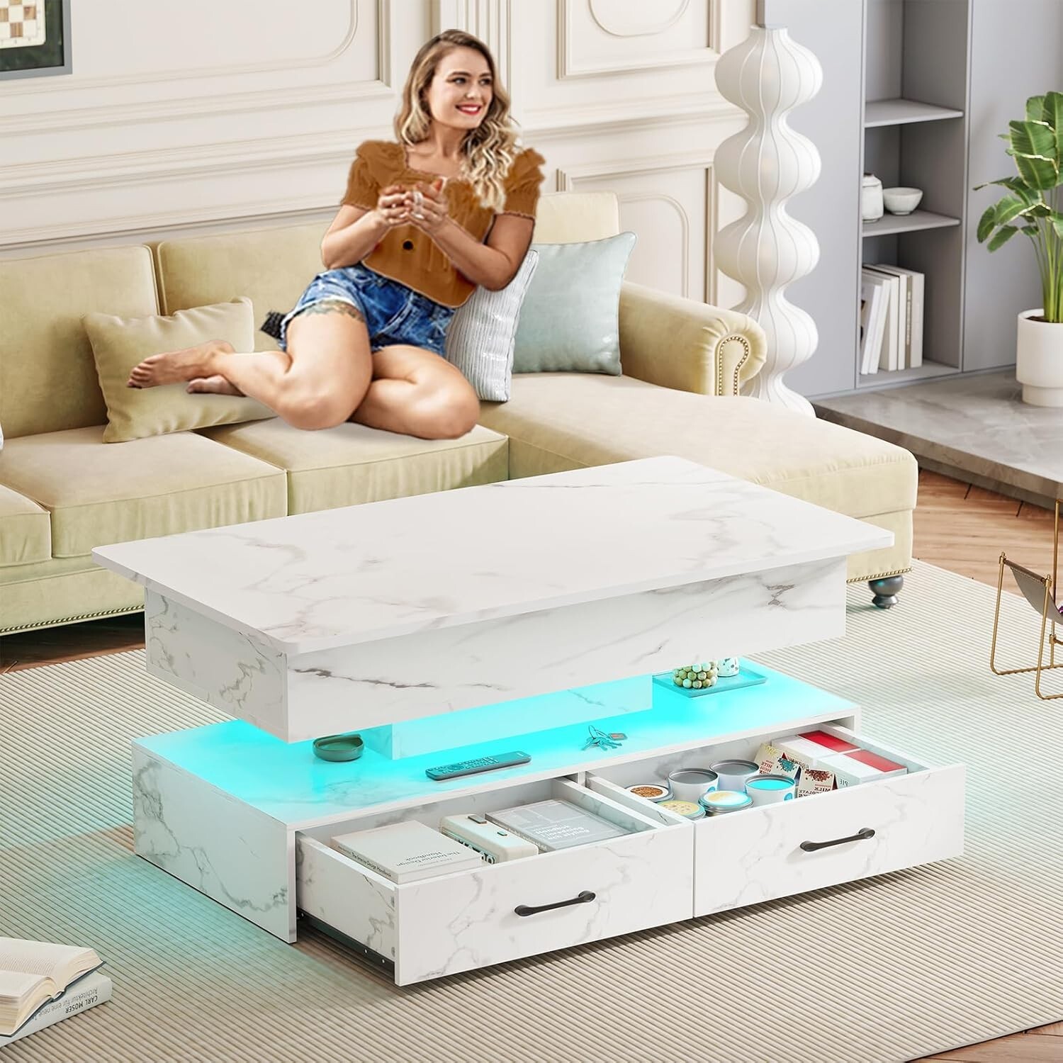 40″ Lift Top Coffee Table with Storage, 2 Fabric Drawers and LED Light