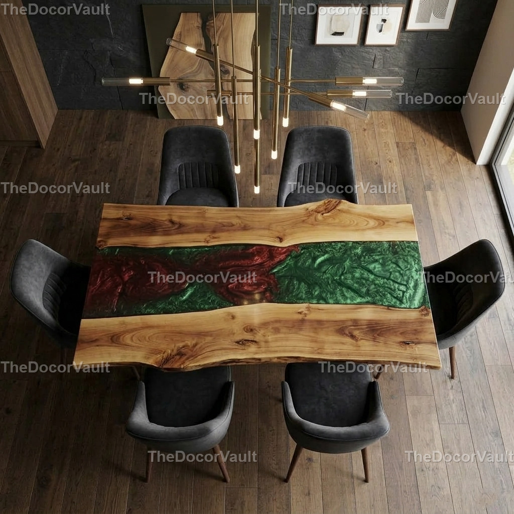 Luxury Live Edge Walnut Dining Table Green & Red Epoxy Resin River Handmade Wood