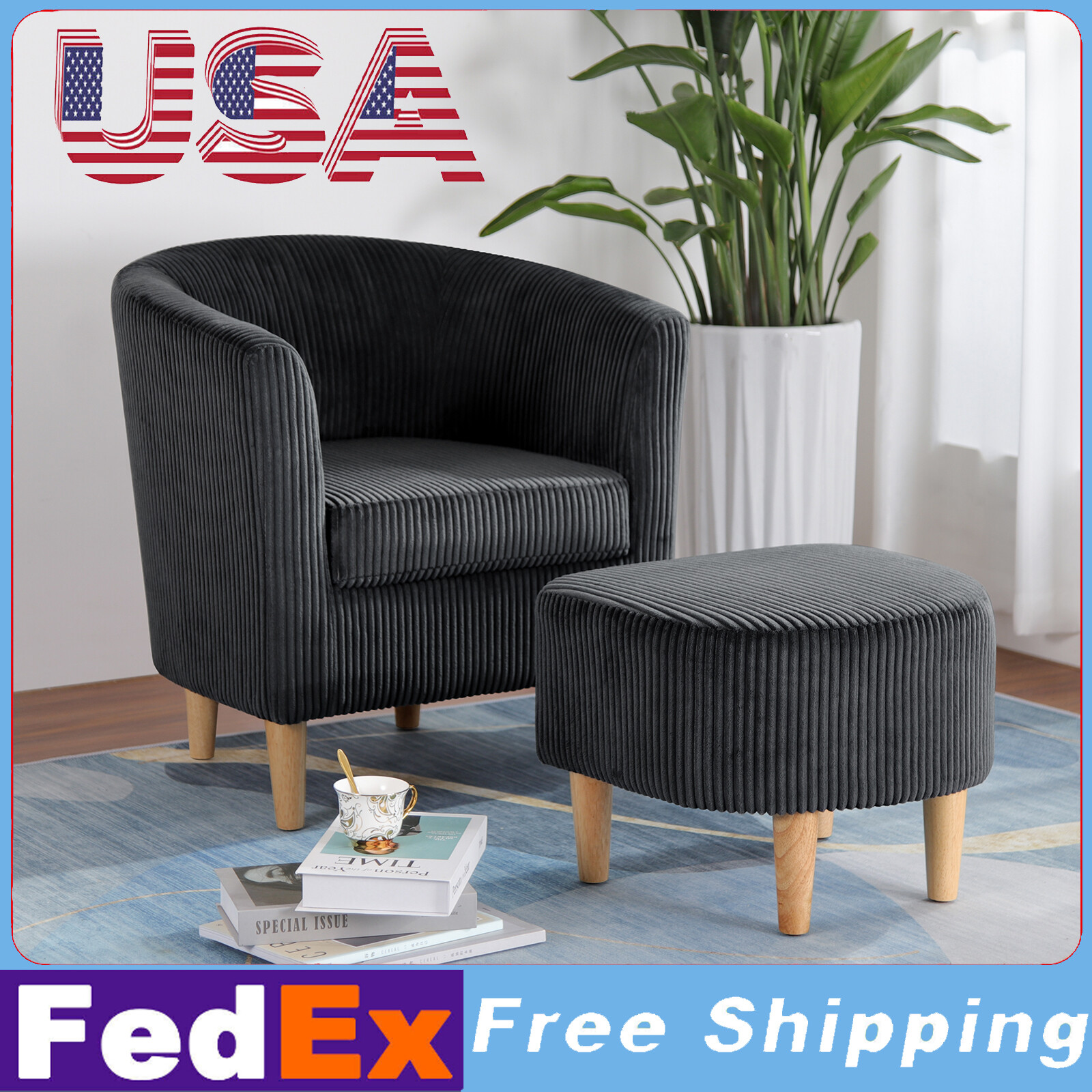 Corduroy Modern Accent Single Sofa with Ottoman Barrel Club Chair for Home
