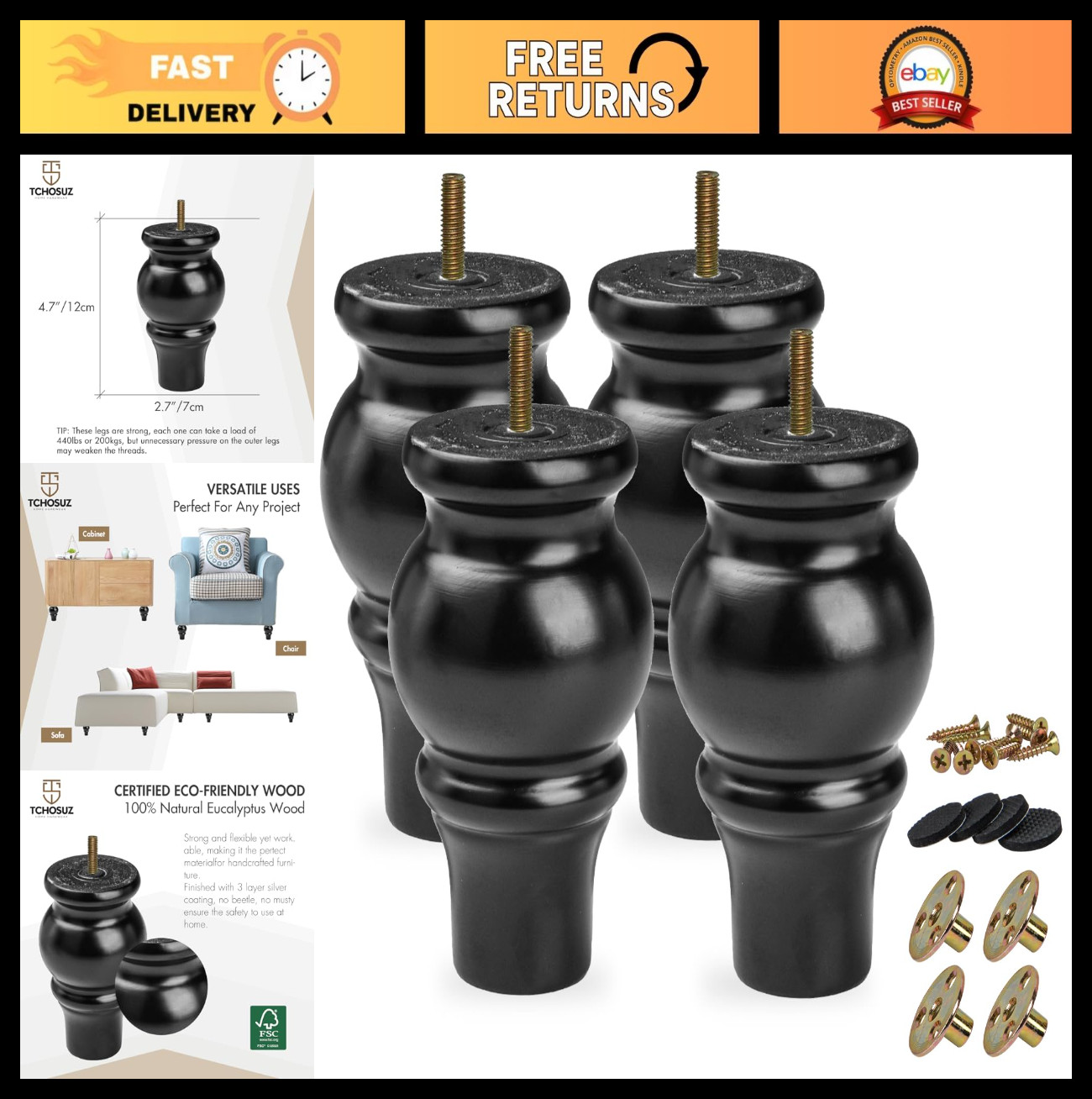 Classic Black 5″ Wooden Furniture Legs – Pack of 4 Solid Wood Bun Feet for DIY S