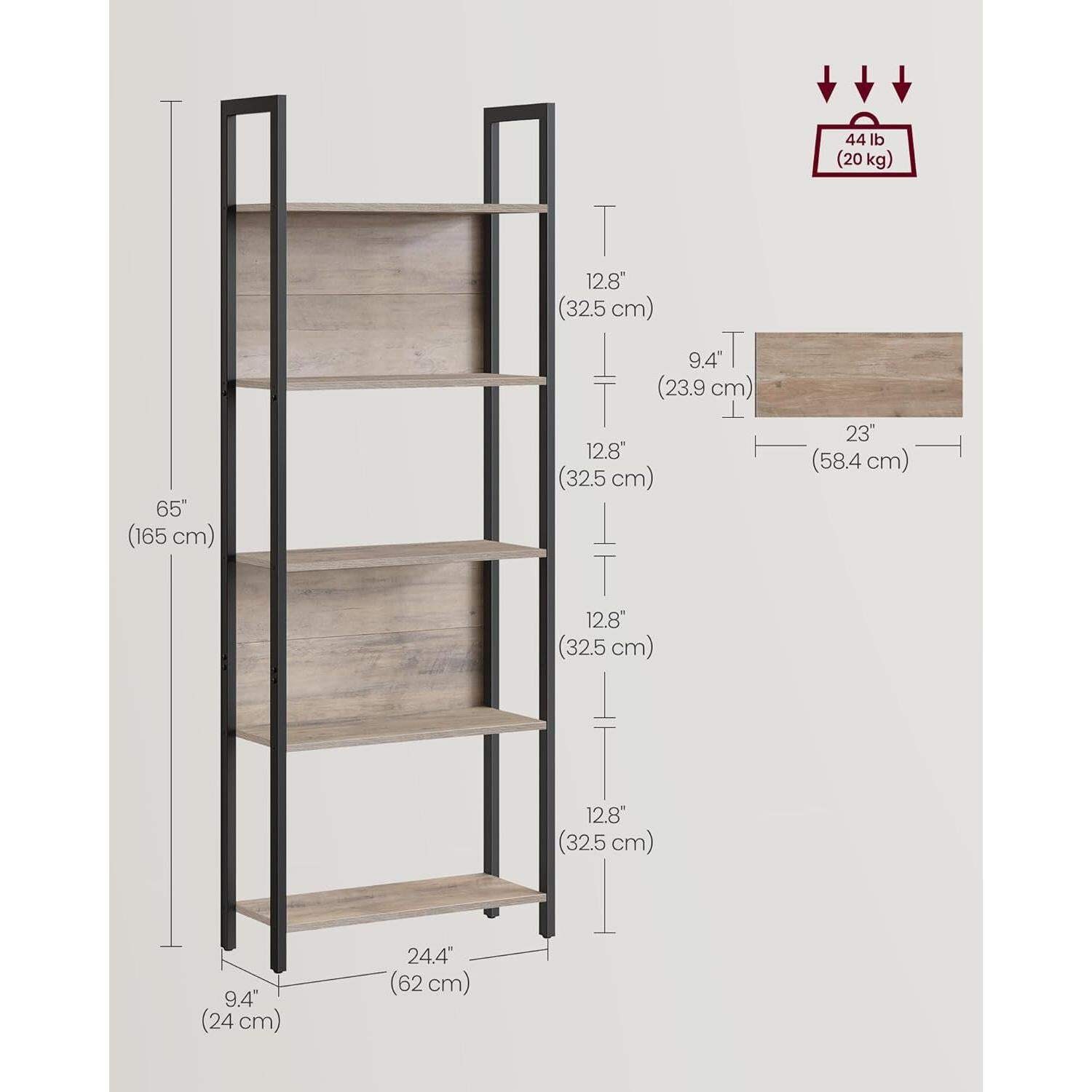 5 Tier Bookshelf Steel Frame 9.4Dx24.4Wx65H Greige Black