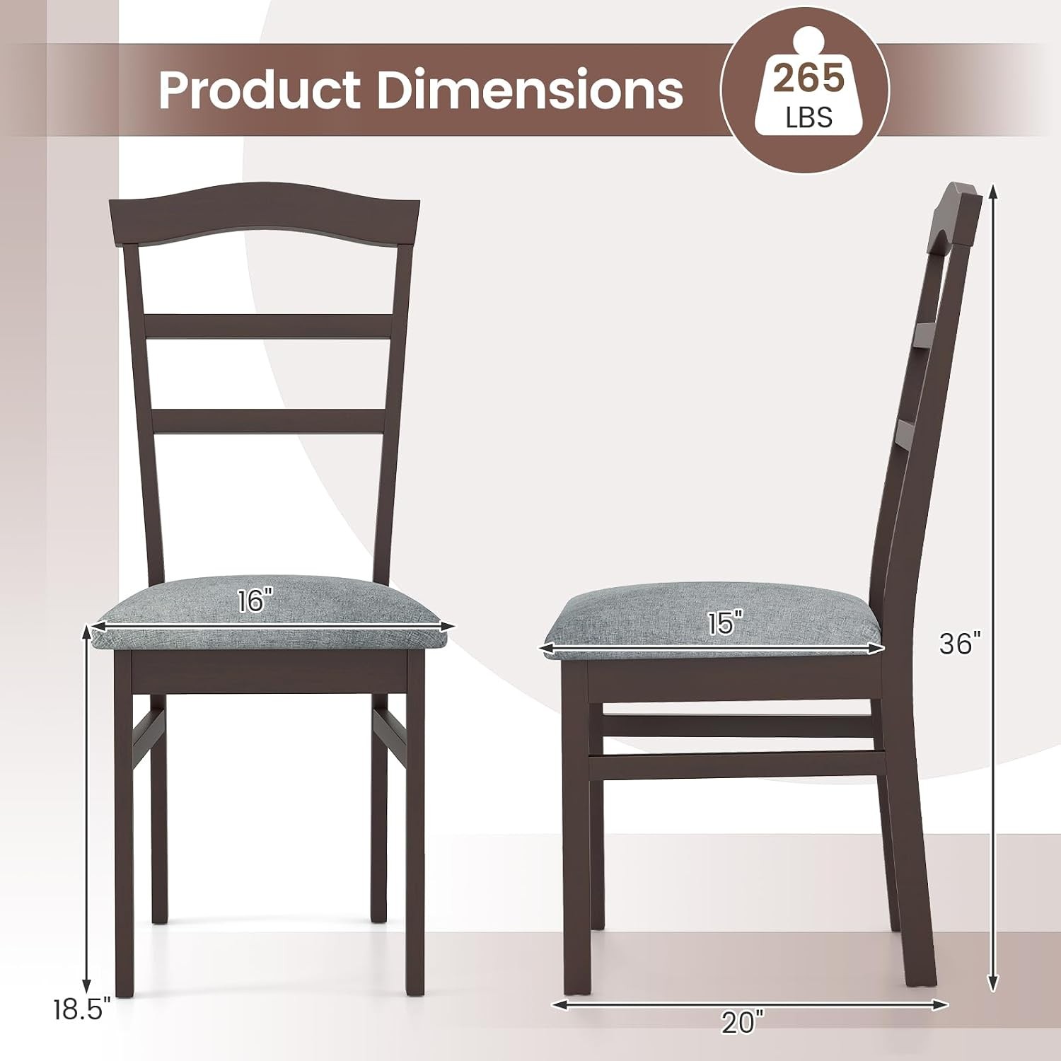 Wooden Dining Chairs Set of 2, Upholstered Kitchen Chair w/Rubber Wood Frame,