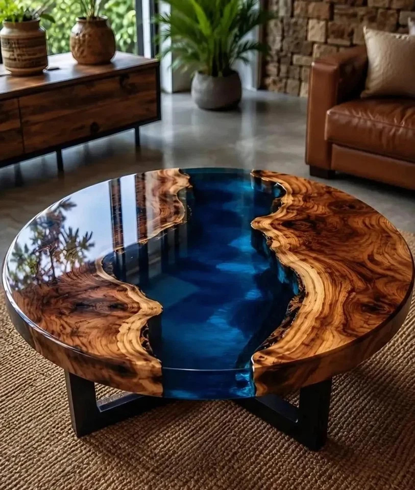 Round Blue River Epoxy Resin Table Handmade Live Edge Wood Coffee Table