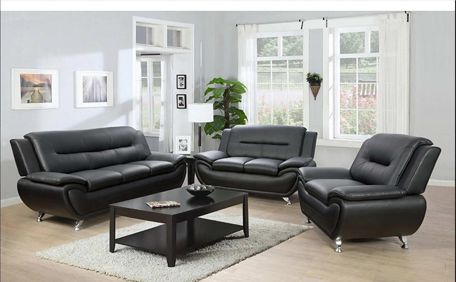 NEW Black Leather Gel 3PC Sofa Set Contemporary Modern Living Room Furniture