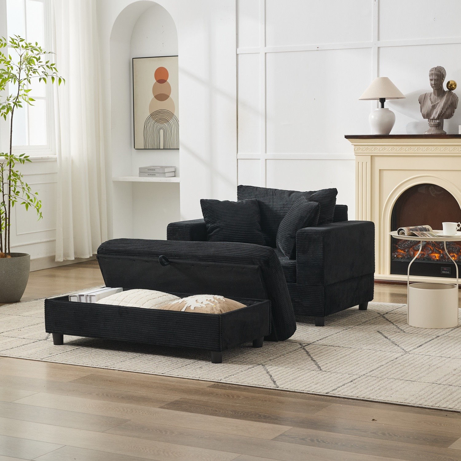 Modern Upholstered Chaise Lounge Armchair with Storage Ottoman for Living Room