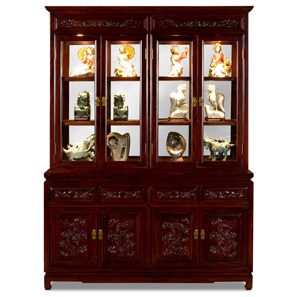 US Seller – Dark Cherry Elmwood Dragon Oriental China Cabinet