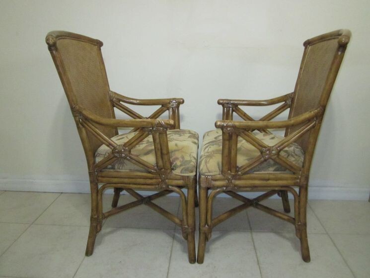 Tommy Bahama Style Arm Chair Bamboo Rattan Upholstered Seat Set of 2