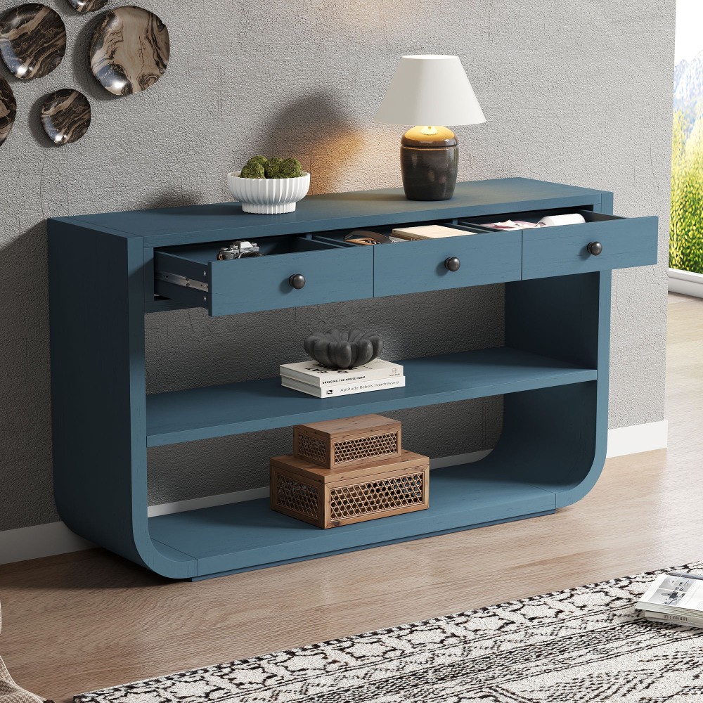 Modern Curved Console Table with 3 Soft-Close Drawers & 2 Open Shelves
