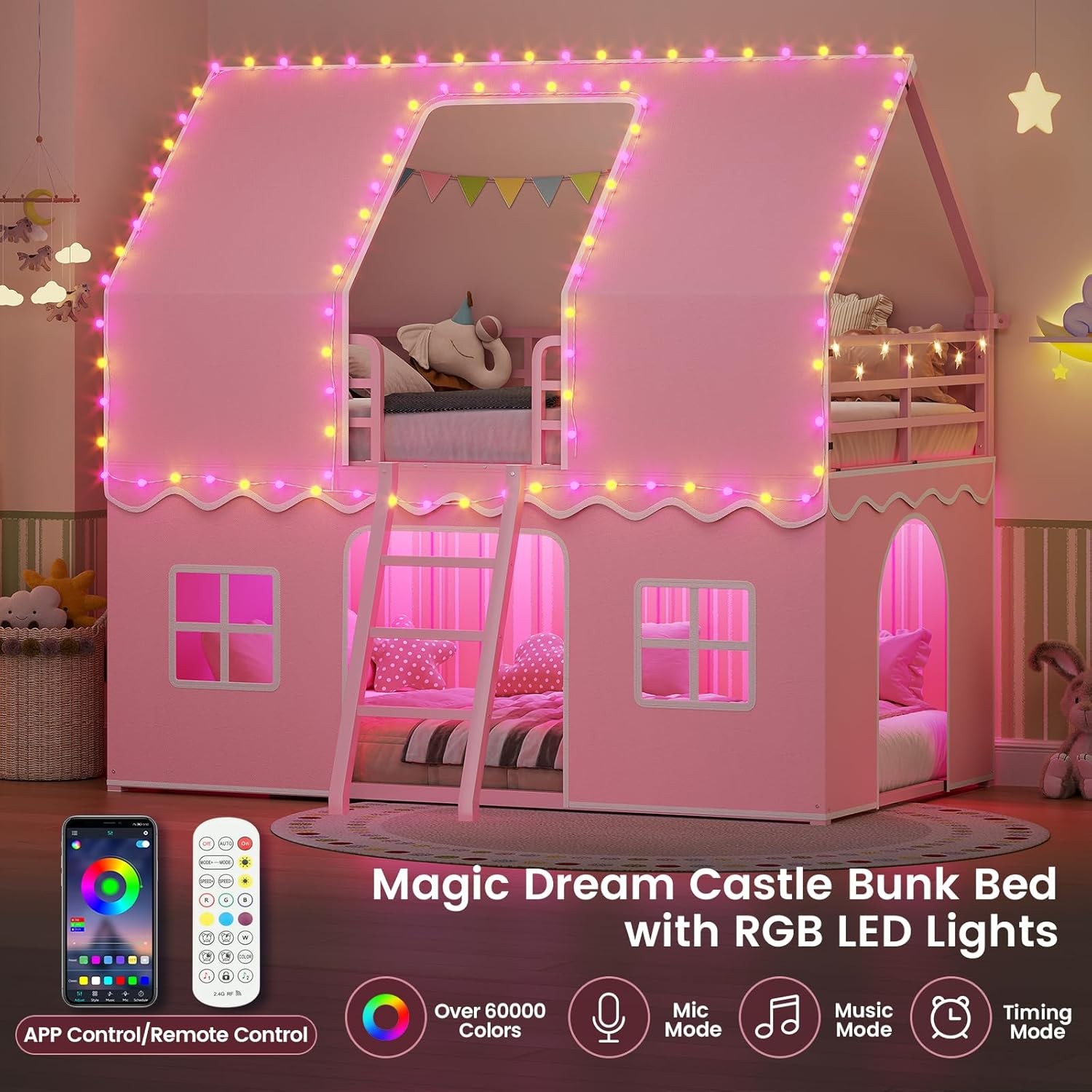 Bunk Bed Twin Over Twin with Play Curtain, House Bunk Bed with LED Lights, Metal