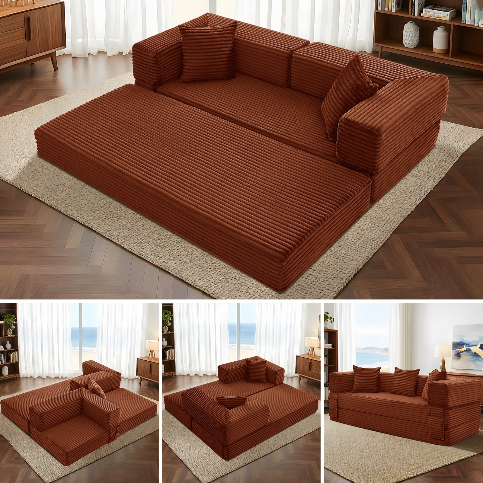 5-in-1 Folding Convertible Sofa Bed Corduroy Boneless Couch, Floor Futon Sofa