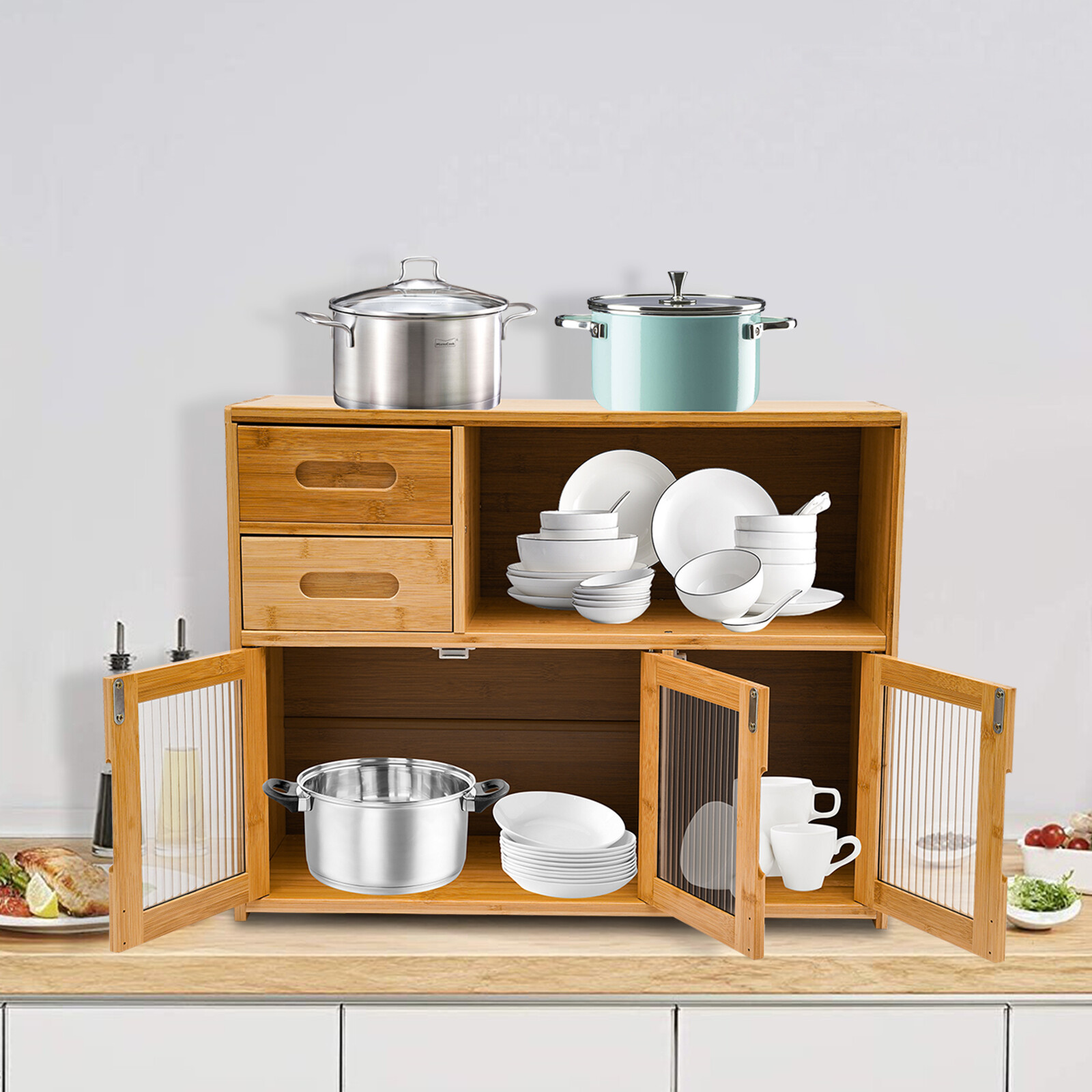 Bamboo Kitchen Storage Cabinet 62 × 23 × 48 cm 2 Drawers Clear Doors