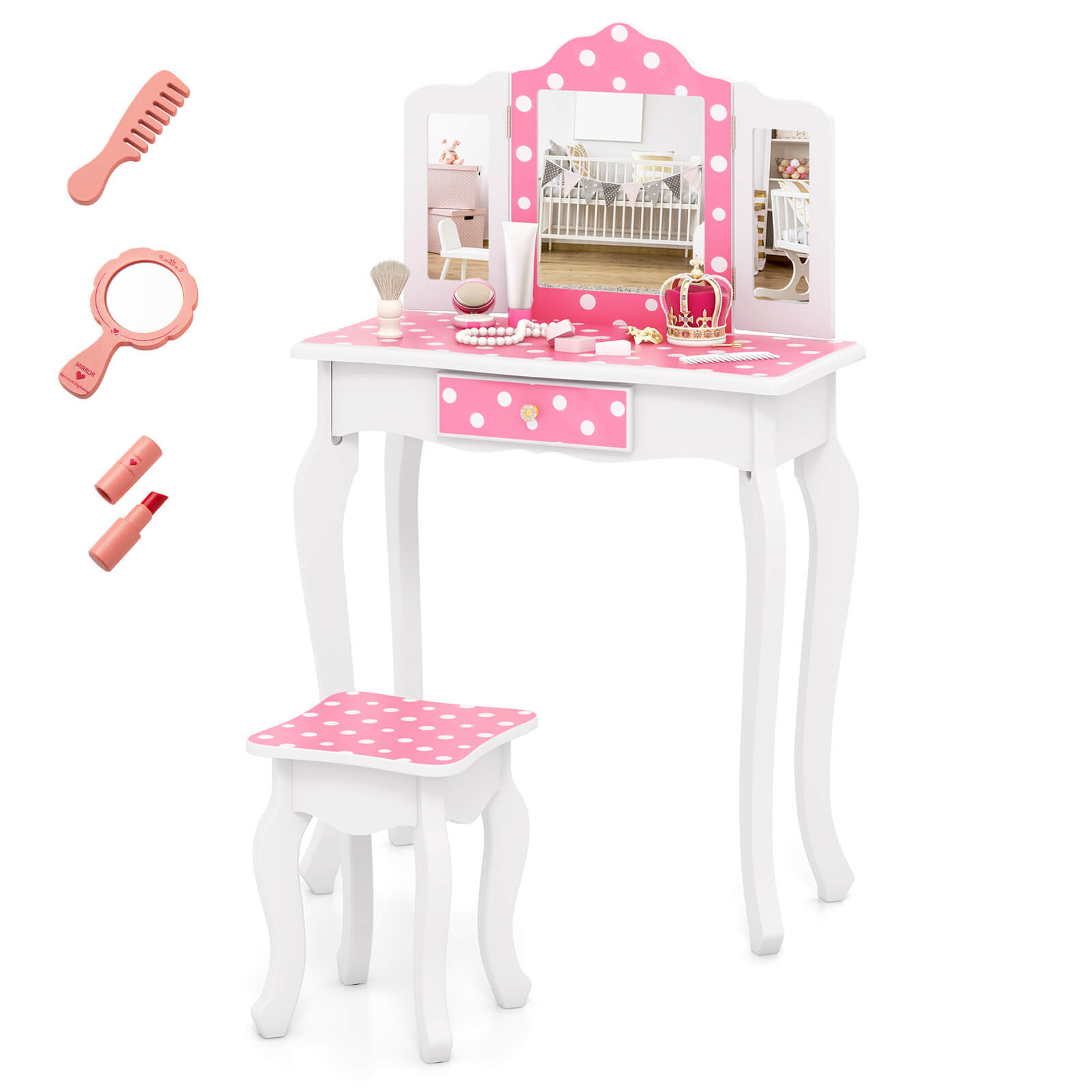 Kids Vanity Table & Stool Set W/Tri-folding Mirror Drawer Cute Polka Dot Print