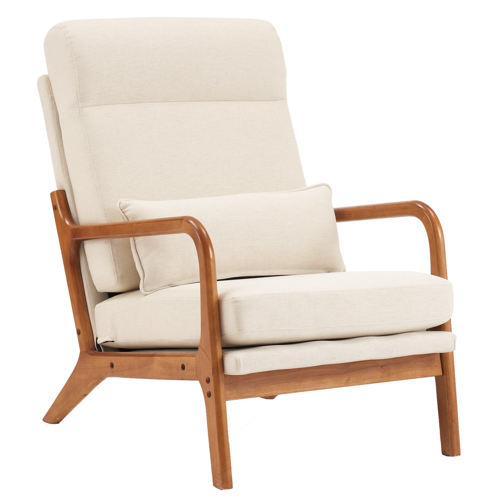 High Back Solid Wood Armrest Backrest Iron Frame Linen Indoor Leisure Chair Off