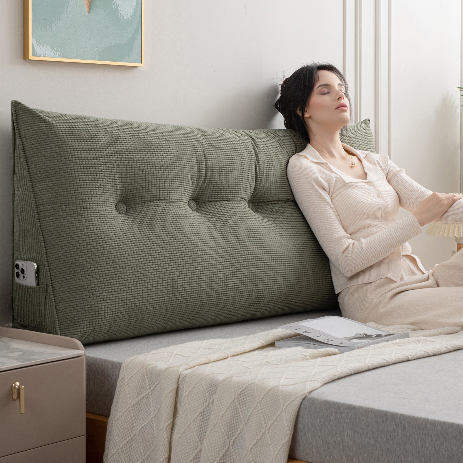 Headboard Pillow for Dorm Bed Overstuffed Backrest Cushion w/Side Pocket 39″-79″