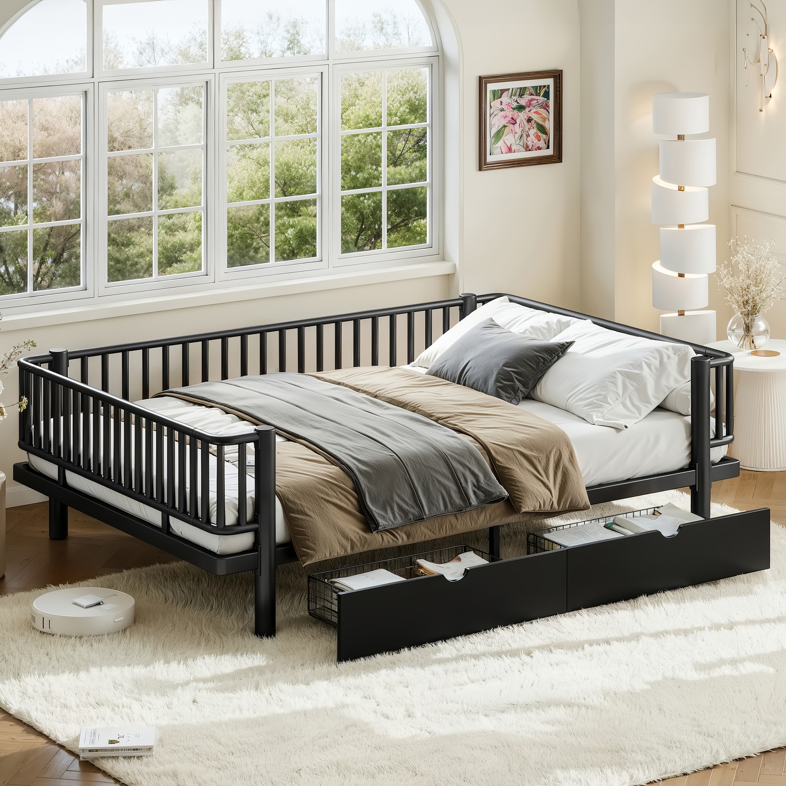Queen Size Metal MDF Platform Bed Frame Daybed Slatted W/ Storage Drawers Black