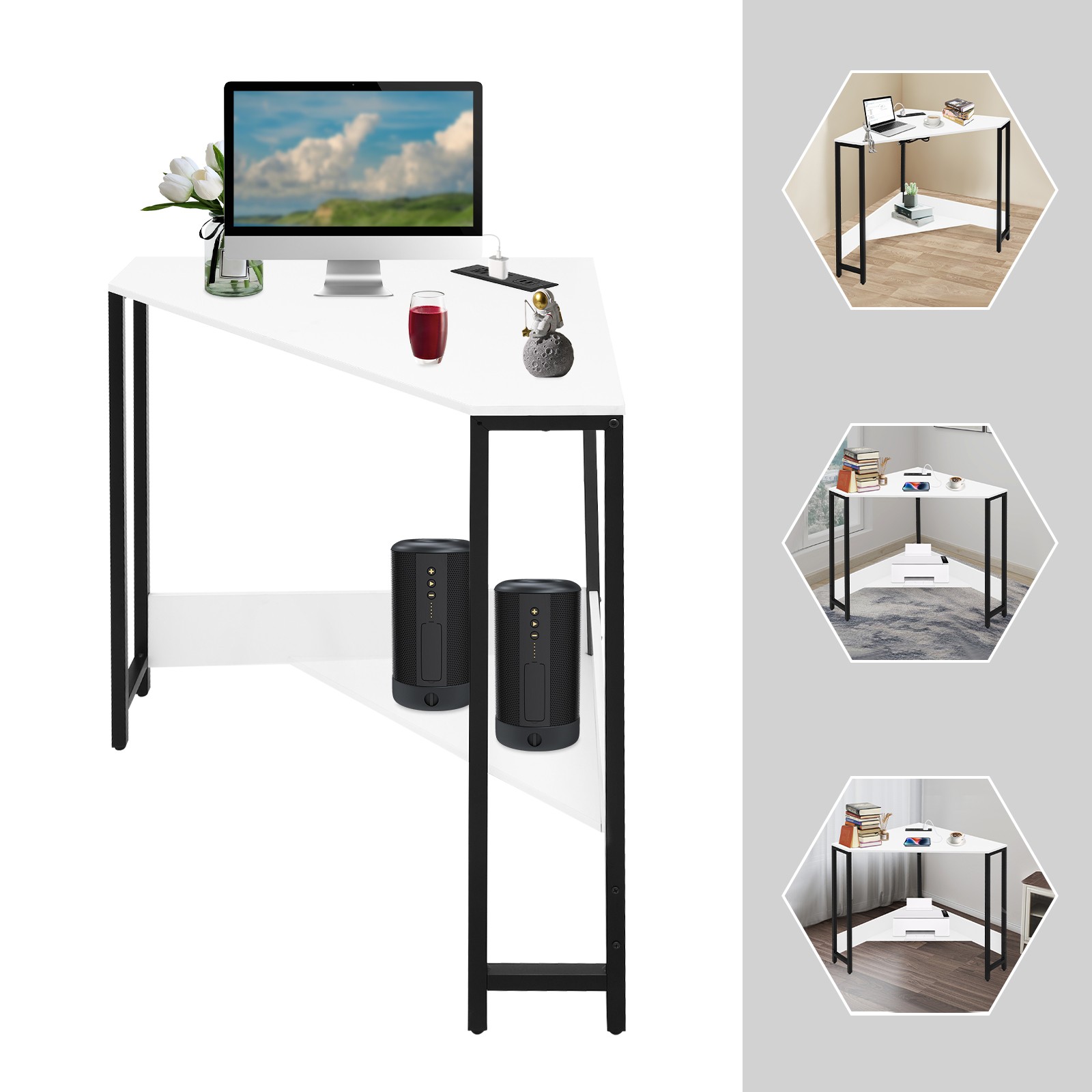 Small Computer Desk with Outlet Home Office Desk Free Standing Corner Desk