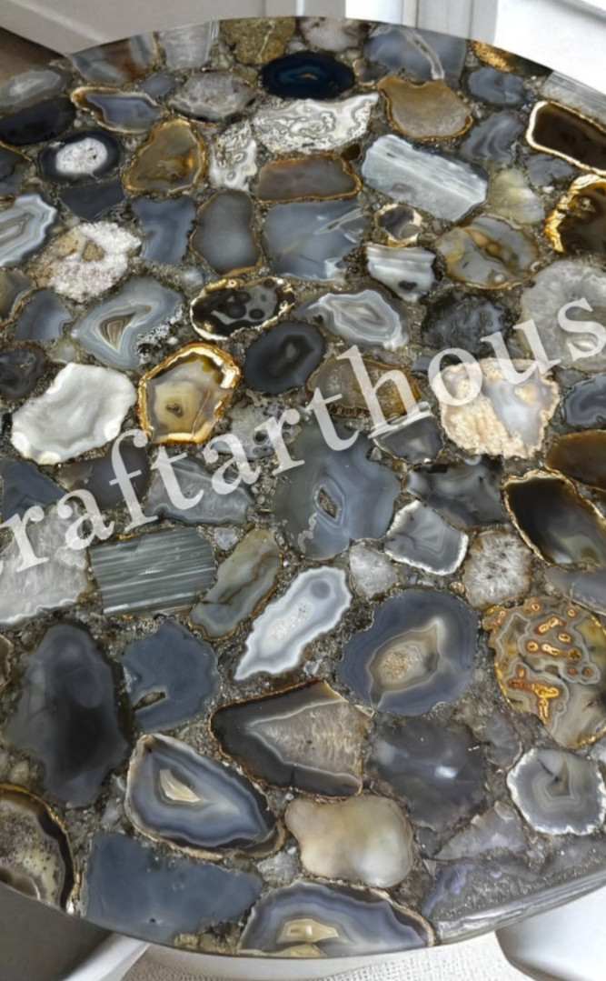 Stunning Gray Agate Coffee Tabletop Handmade Art Crystal Stone Furniture Decor