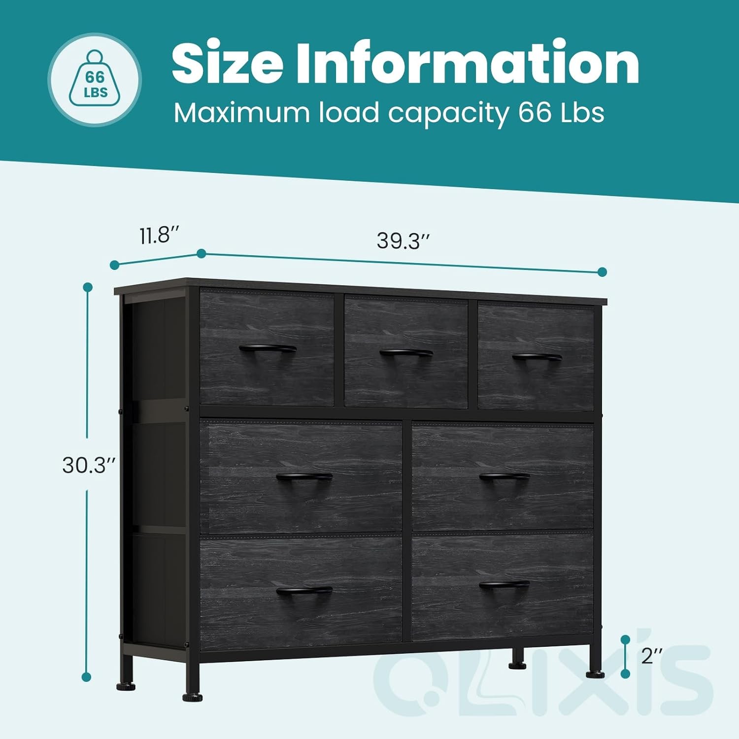 7 Fabric Drawers Dresser, Modern Bedroom Livingroom,Wooden Top,Black Wood Grain