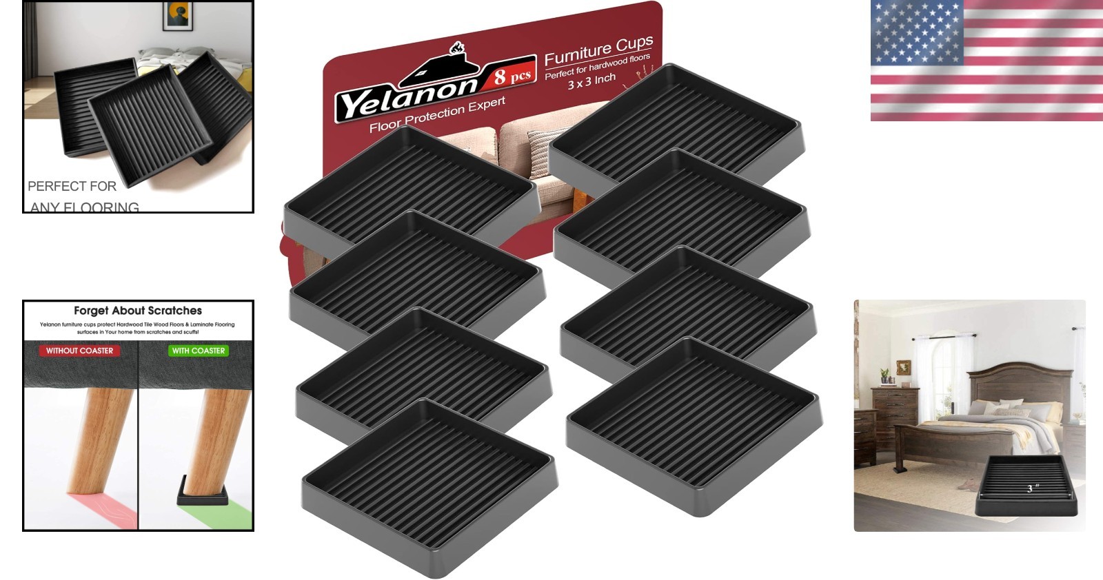 8 Pcs Non-Slip Furniture Pads – 3” Black Rubber Coasters for Floor Protection