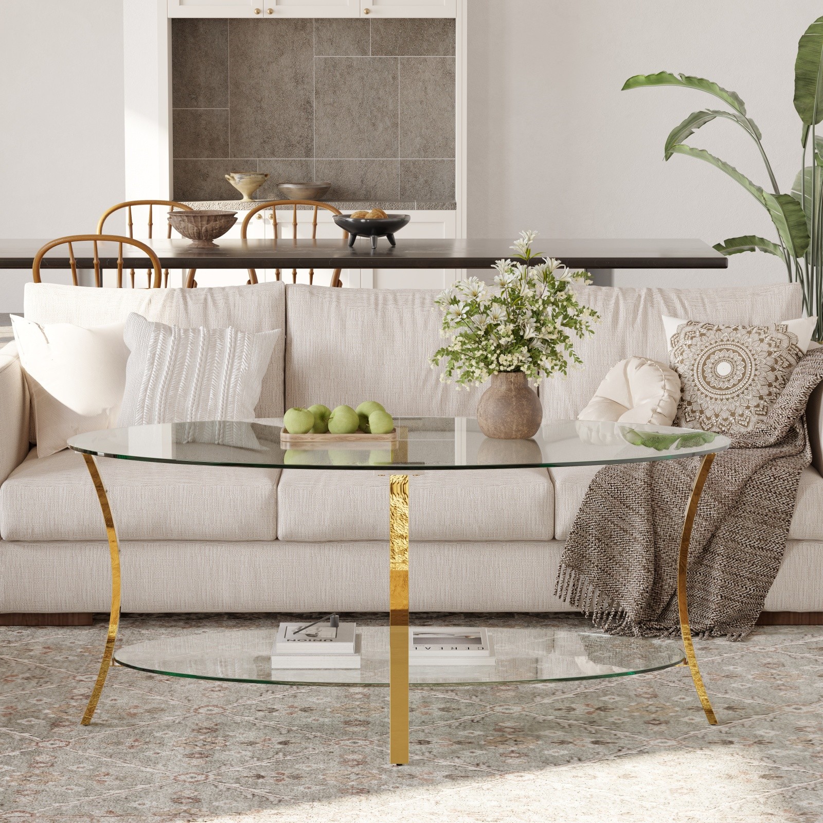 43.3″ Oval Glass Coffee Table Gold Metal Legs Tempered Glass