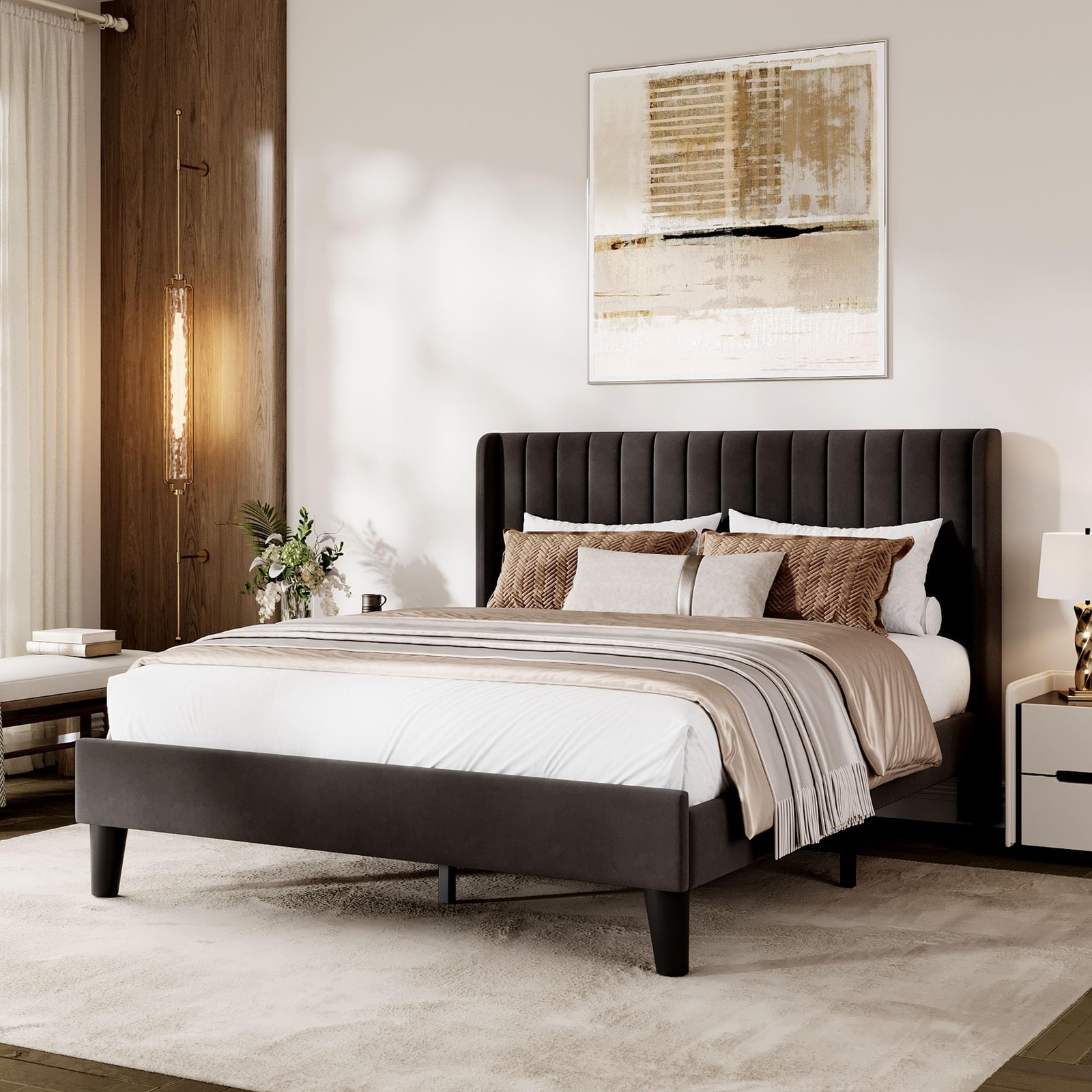 Queen/Full Size Bed Frame W/Velvet Upholstered Headboard,No Box Spring Needed