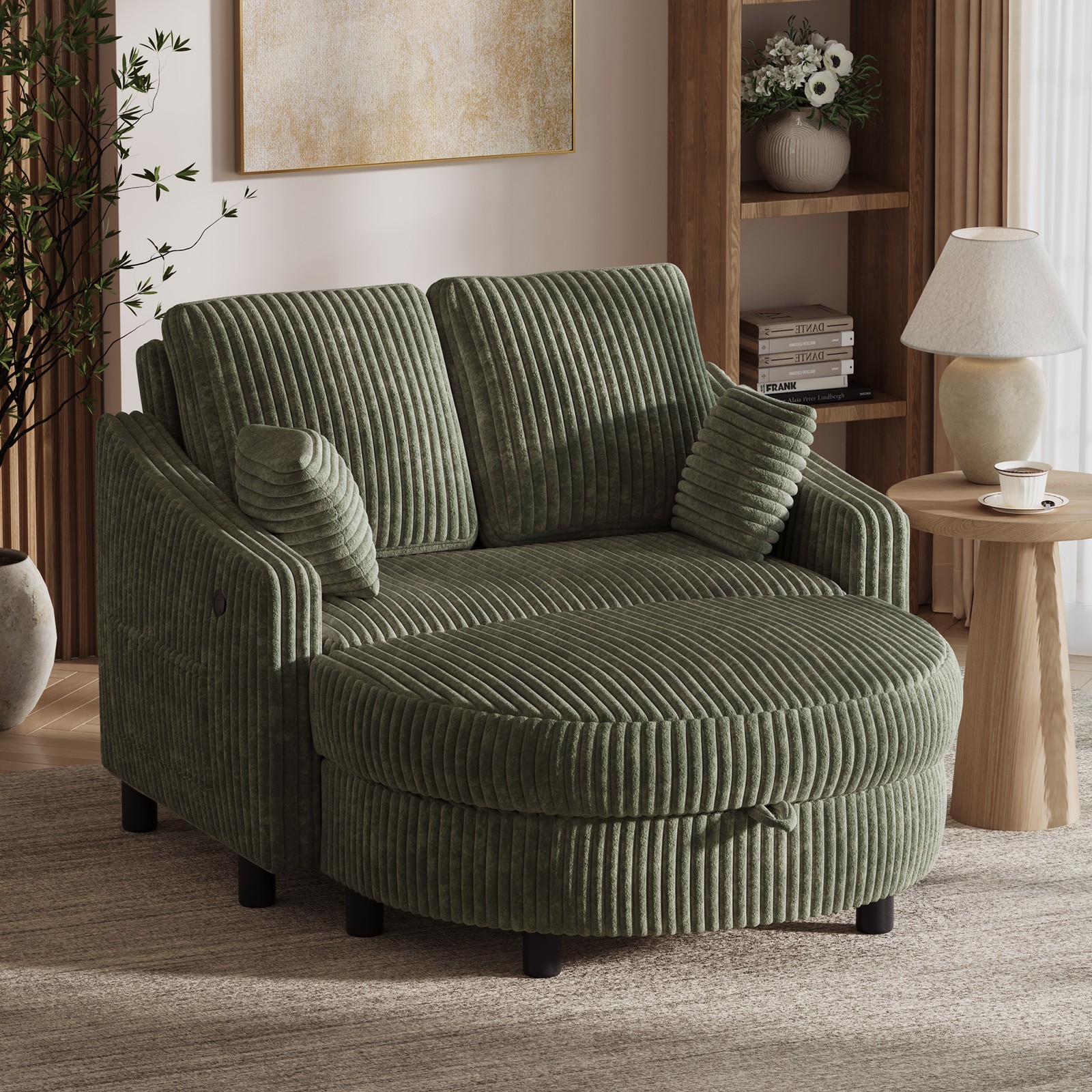 49.8″ Corduroy Loveseat Sleeper Sofa 3-Position Backrest Storage Ottoman USB-C