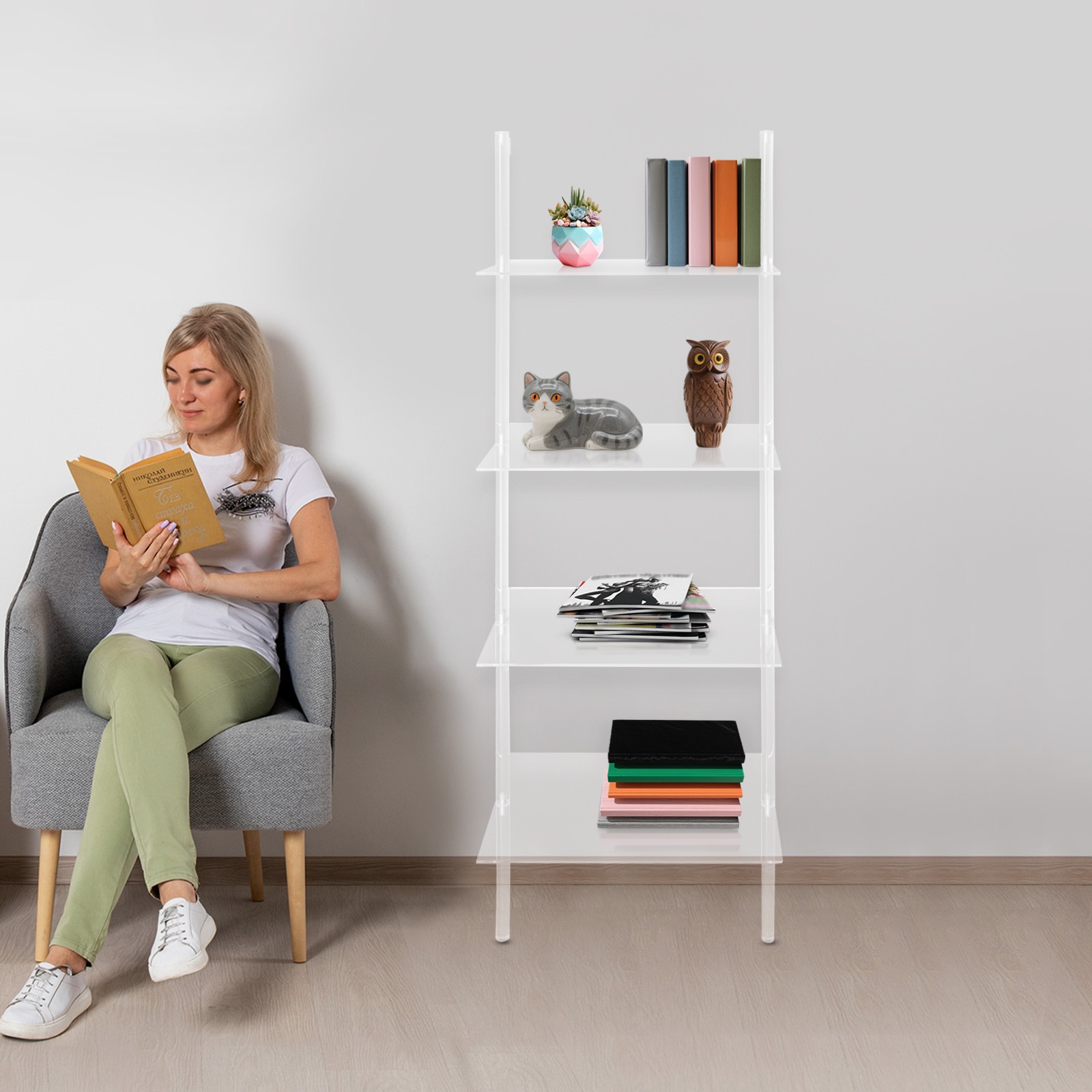 4-Tier Small Acrylic Ladder Bookshelf Clear Wall Mounted Book Shelf 24x36x146cm