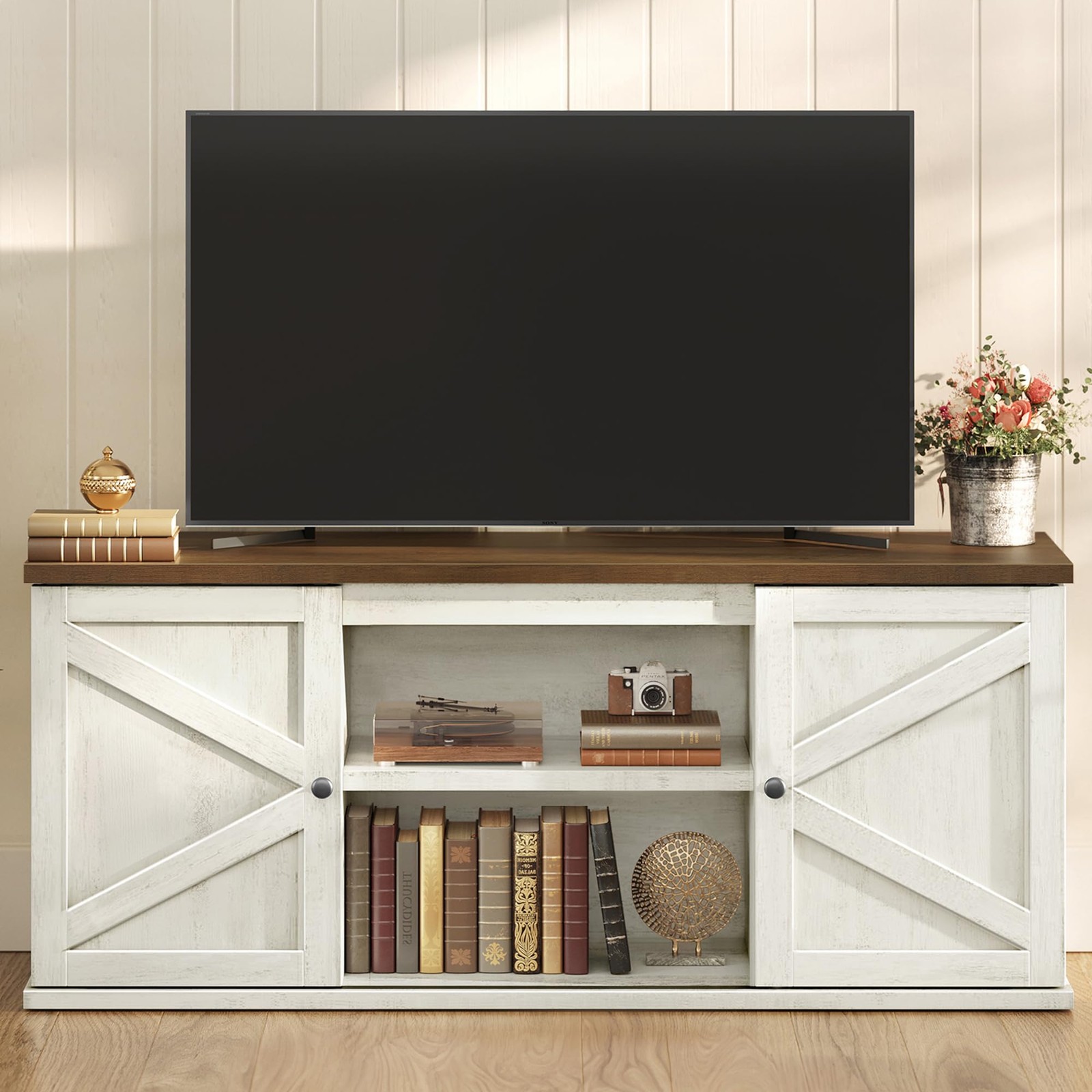 Farmhouse TV Stand TVs up 65″ Storage Cabinets Sliding Doors ULTV535W01