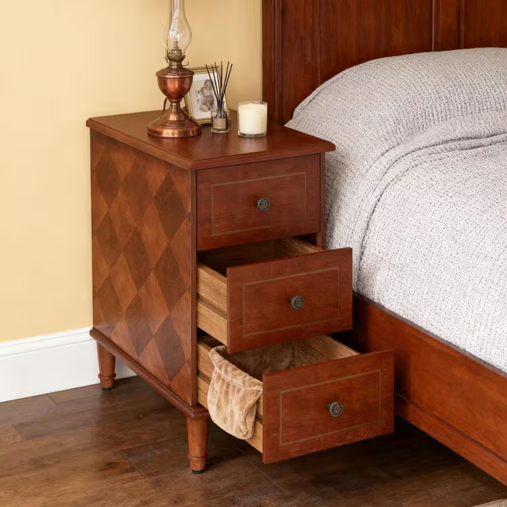 Solid Wood 25.6 In. H X 23.6 In. W Brown Mid-Century Nightstand, 3-Drawer Classi
