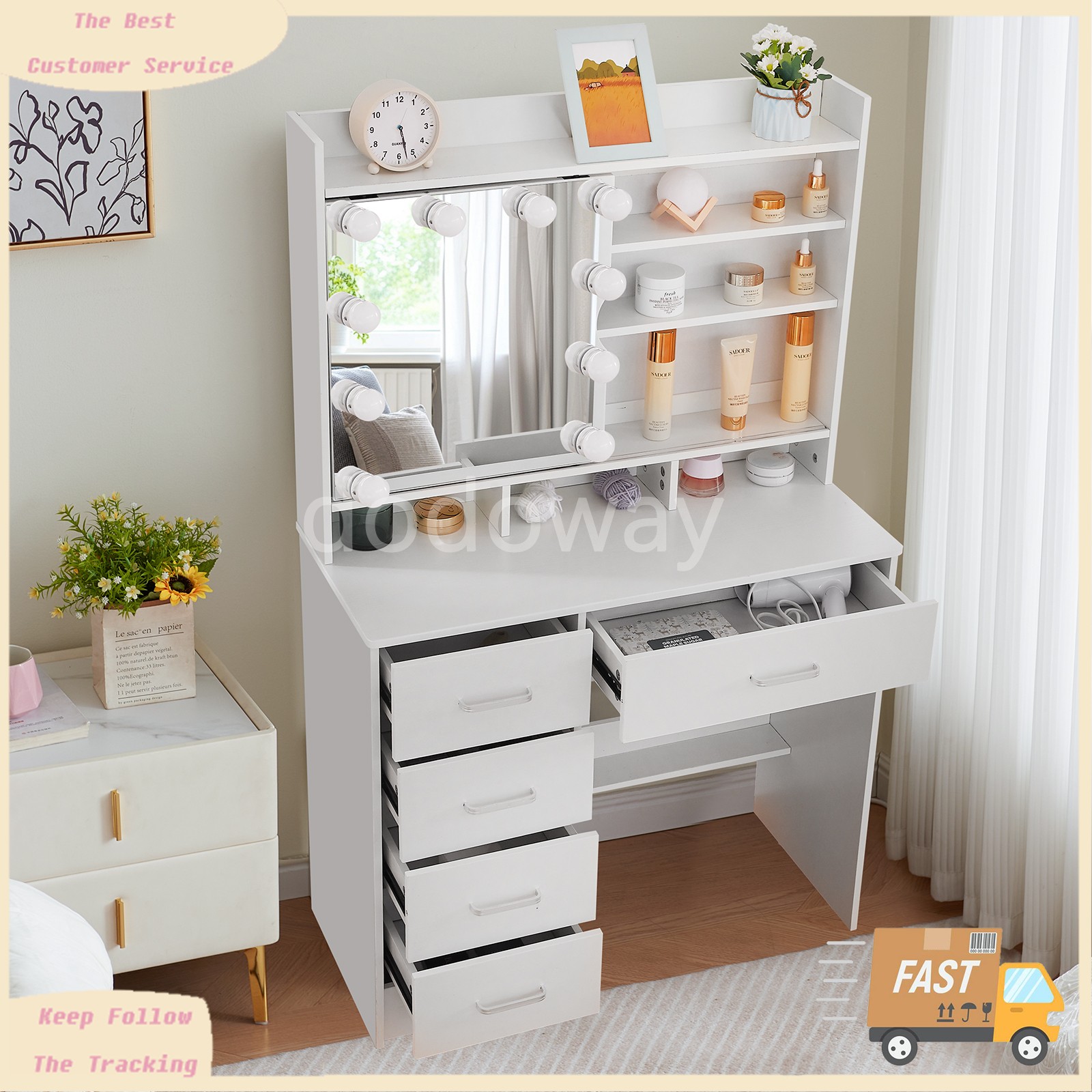 LED Sliding Mirror Vanity Desk Makeup Vanity Set with 5 Drawers Dressing Table