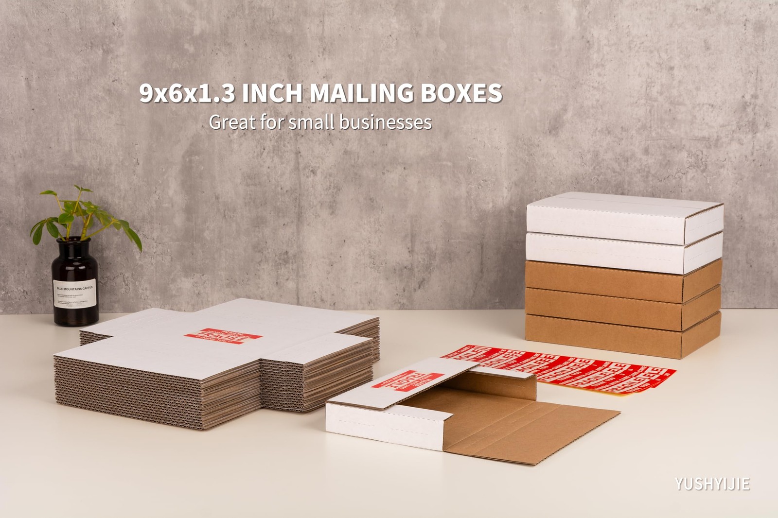 Yushyijie 50 Pack 9X6X1.3 Inch Small Boxes Multi-Depth Flat Corrugated