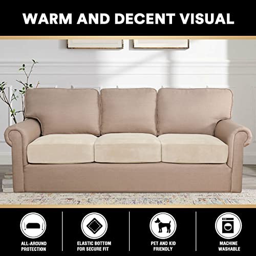 Stretch Velvet Couch Cushion Covers 3 Pack Ivory 19.6-29.5 Inch Washable For