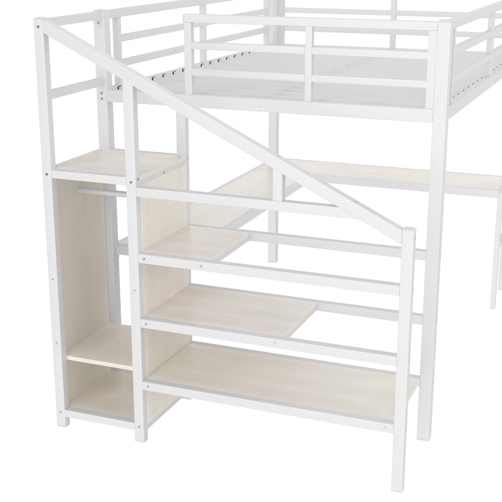 Queen Size Loft Bed with L-shaped Desk,Wardrobe and Adjustable Shelf for Kids