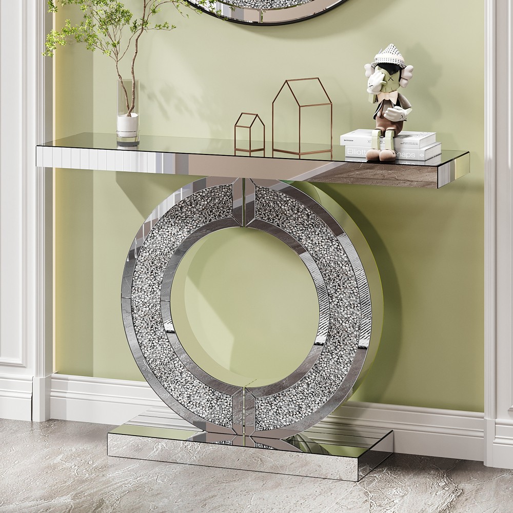Mirror edge table with hand polished beveled edge and diamond shaped base frame