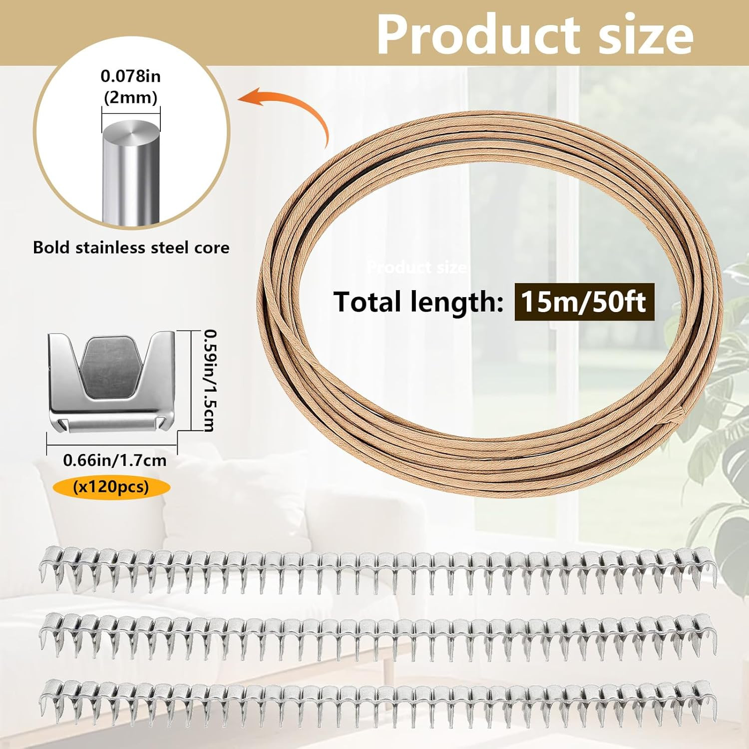50FT Upholstery Stay Wire for Sofa Furniture Springs, Couch Spring Repair Kit wi
