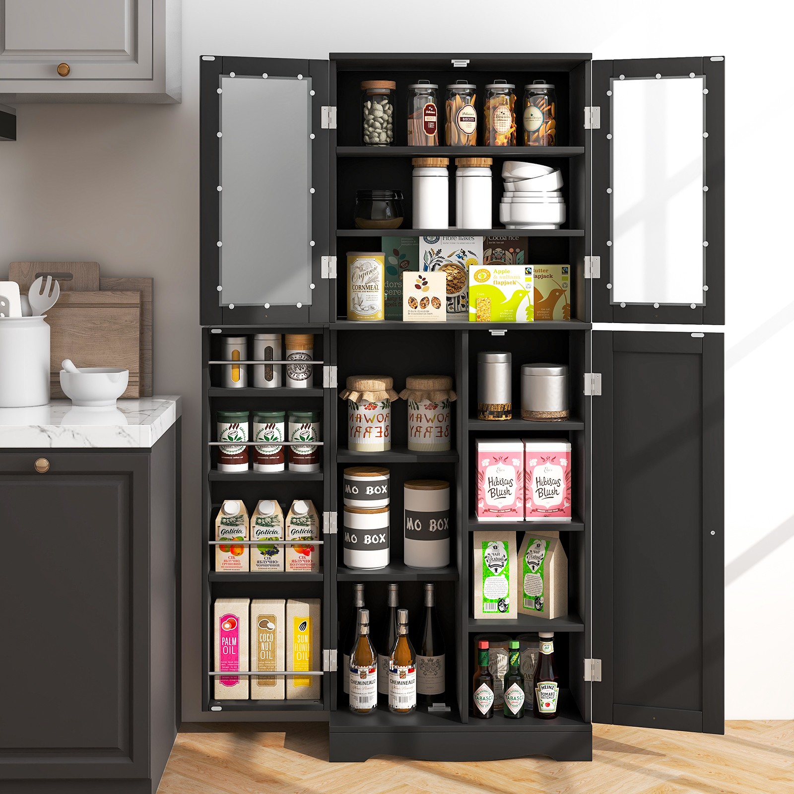 63.5″ Tall Kitchen Pantry Storage Cabinet w/ Glass Door Storage Shelves Black